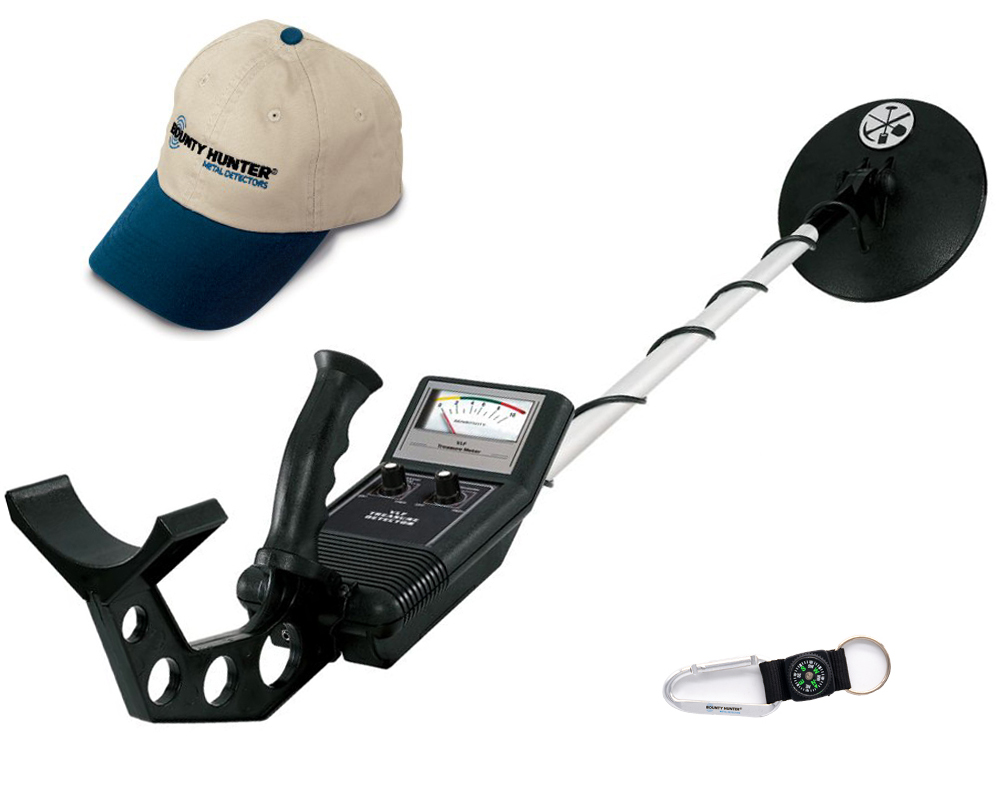 Bounty Hunter VLF Metalldetektor mit gratis Fundtasche, Kappe und Schlüsselanhänger mit Kompass 